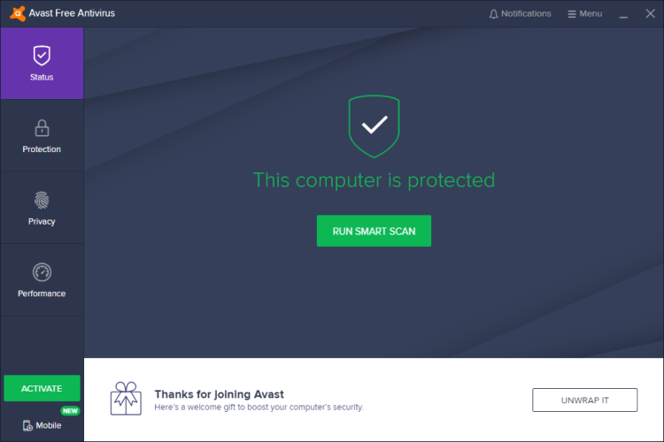 Avast Free Antivirus, Hauptbildschirm.