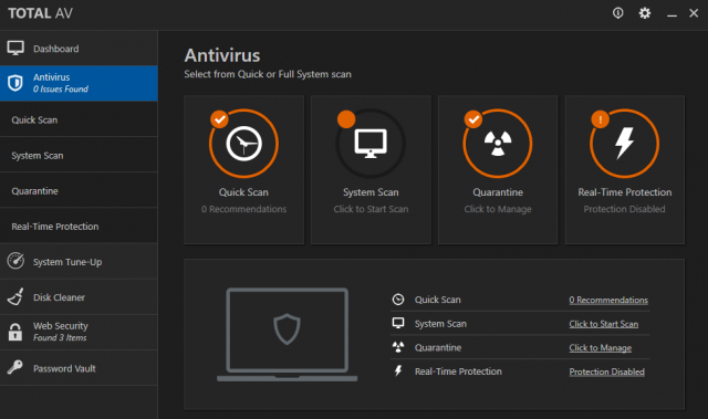 TotalAV Antivirus-Quarantäne.