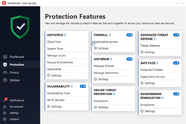 Bitdefender Antivirus-Schutzfunktionen.