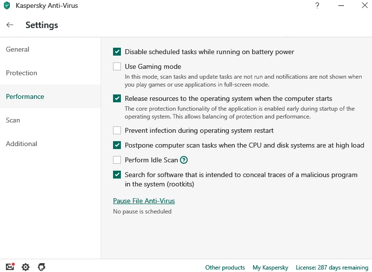 Einstellungen von Kaspersky Anti-Virus.