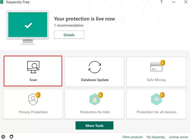 Kostenloses Dashboard von Kaspersky Antivirus.