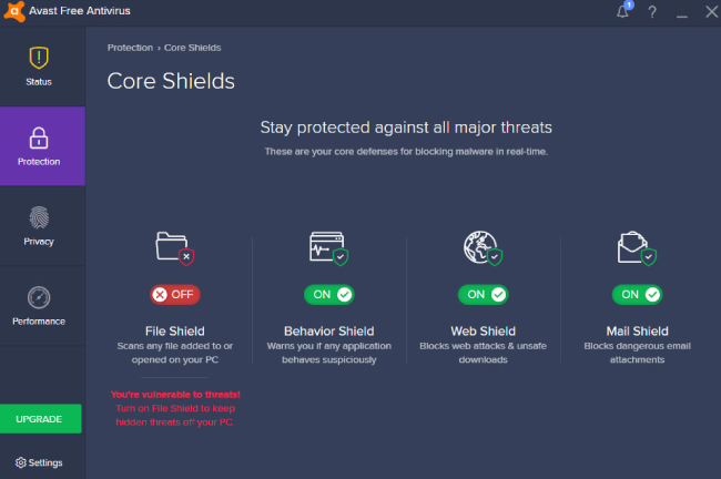 Avast File Shield ist ausgeschaltet.