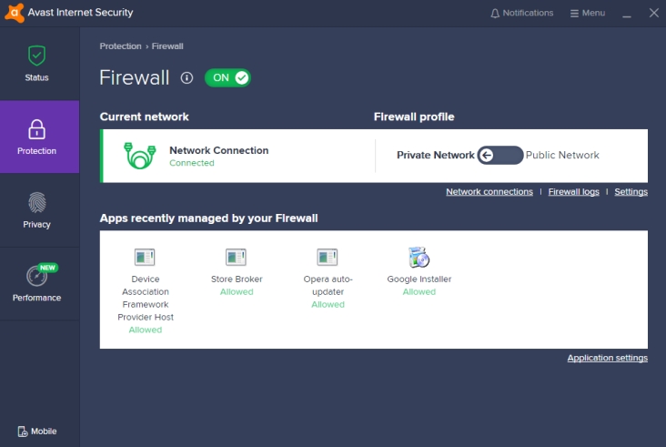 Einstellung der Antiviren-Firewall von Avast.