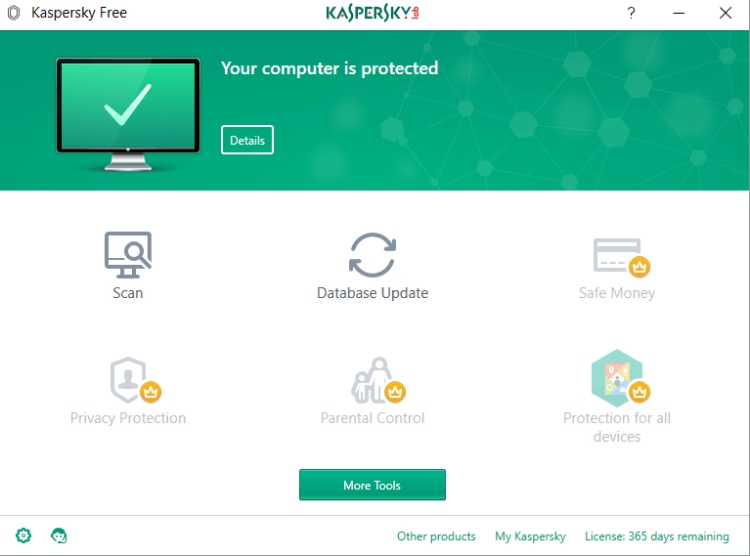 Kaspersky Free Antivirus, Hauptbildschirm.