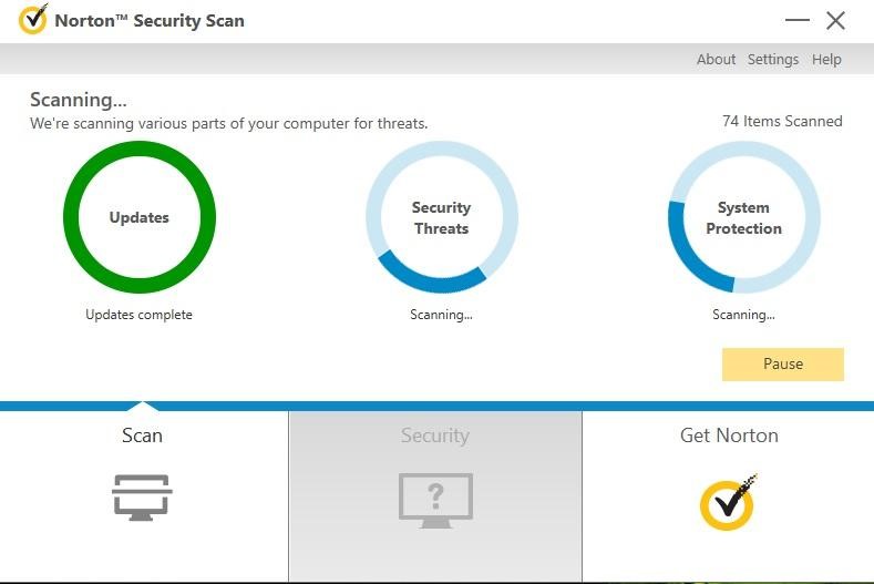 Norton-Scan, Malware-Schutz, Systemleistung.