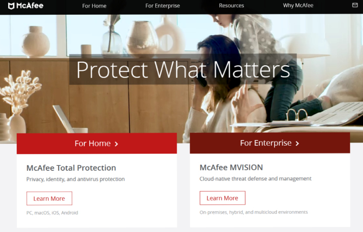 Sitio web principal de McAfee.