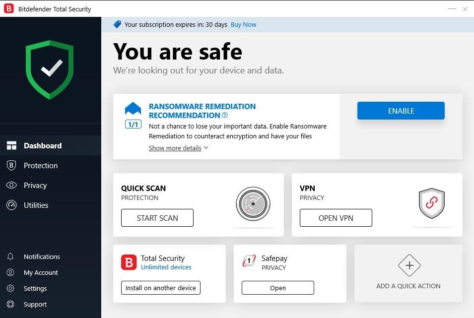 Antivirus Bitdefender, pantalla principal de Bitdefender, protección contra malware.