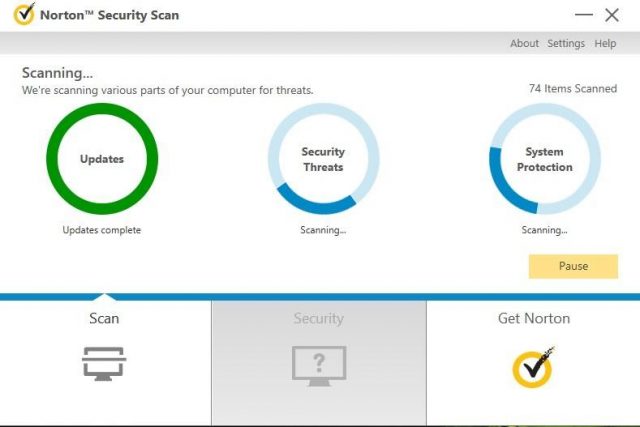 Pantalla de escaneos del antivirus Norton.