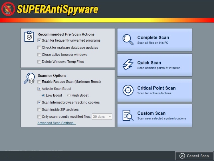 Opciones de escaneo de SuperAntiSpyware.