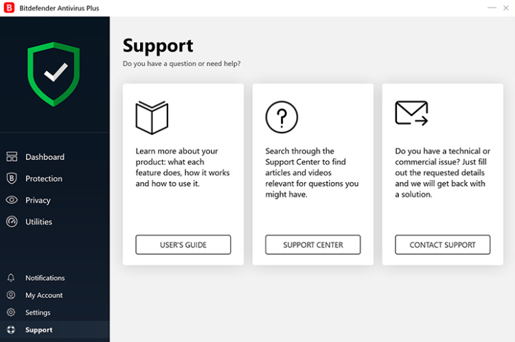 Bitdefender Antivirus, Soutien à la clientèle.