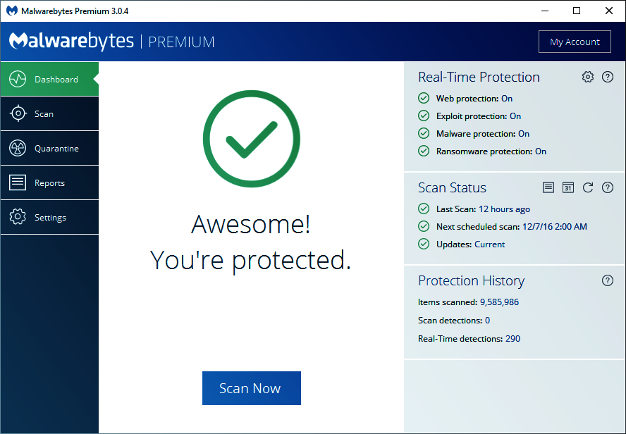 Malwarebytes Premium Tableau de bord.