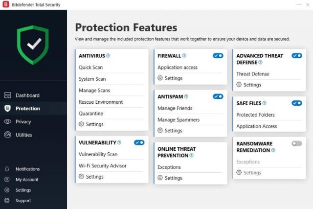Caractéristiques de la protection Bitdefender.