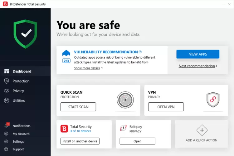 Bitdefender Total Security Main Screen. 