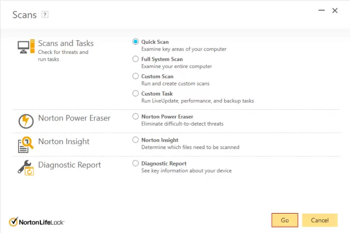 Norton system scan options. 