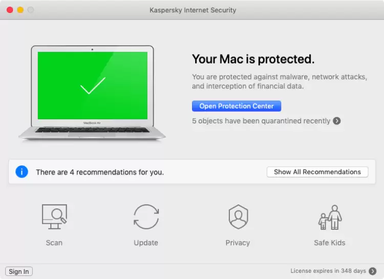 Kaspersky for Mac, interface.