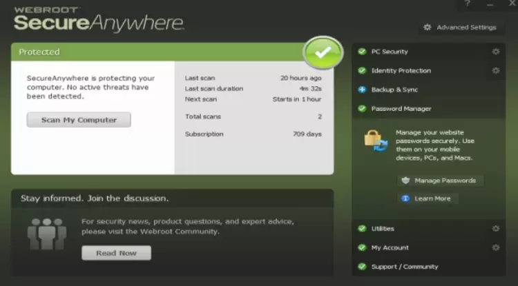 Webroot SecureAnywhere Internet Security, Dashboard.