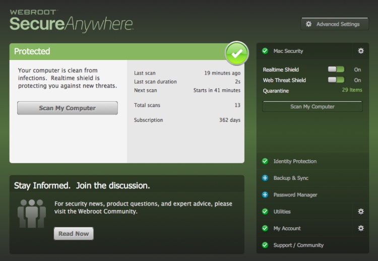 Rendimiento del antivirus de Webroot.