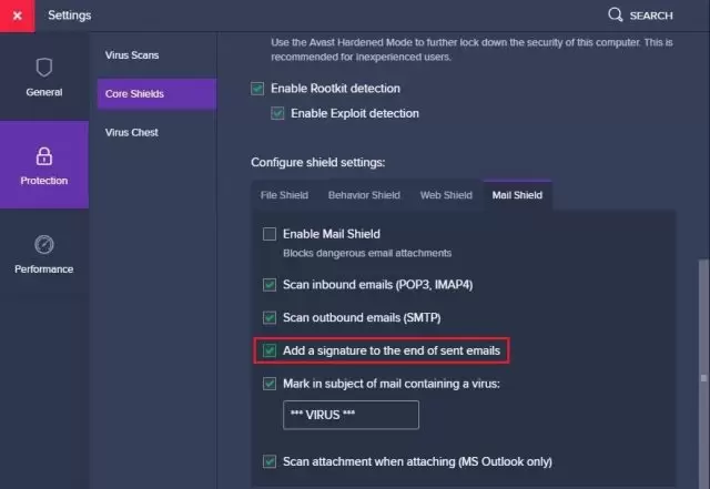 How to disable Avast Antivirus Email Signature - Add a signature box checked