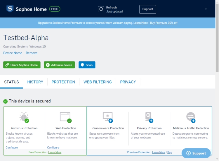 Sophos Antivirus Free for Windows, device status.