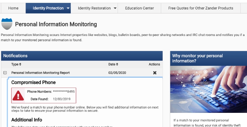 Zander Insurance Personal Information Monitoring.