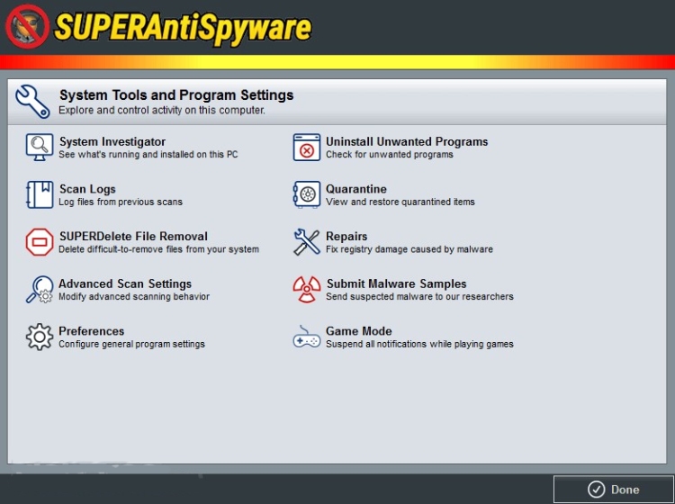 SuperAntiSpyware Security Features.