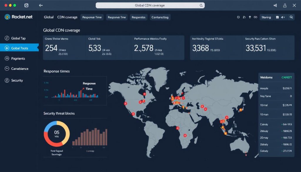 Rocket.net performance dashboard showing global CDN and security metrics
